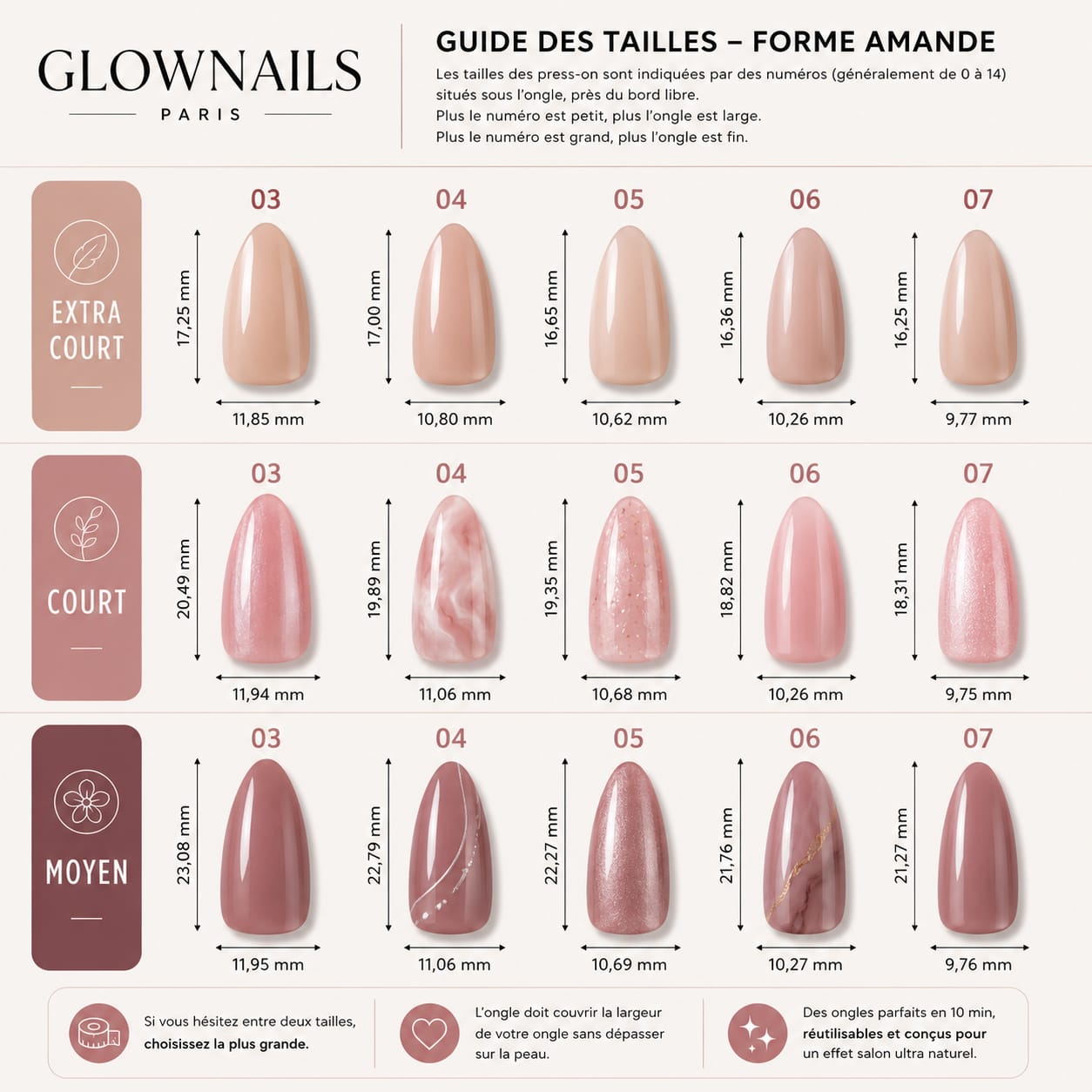 Guide des tailles faux ongles forme amande - Glow Nails