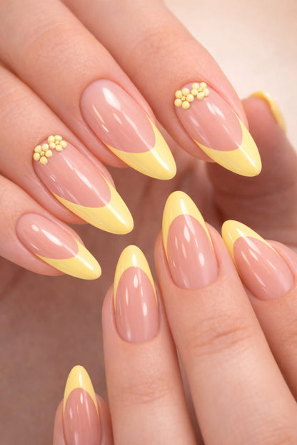 Faux ongles — French Jaune Nail Art Fleurs - forme Amande - Girasol