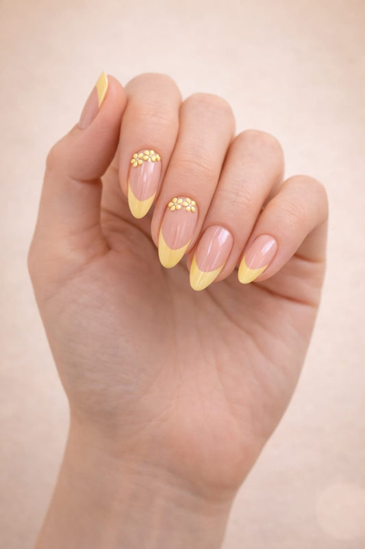 Faux ongles — French Jaune Nail Art Fleurs - forme Amande - Girasol