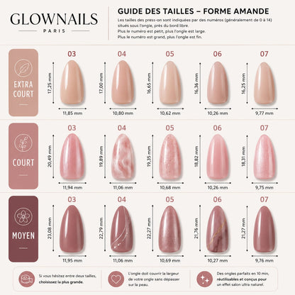 Guide des tailles faux ongles forme amande - Glow Nails