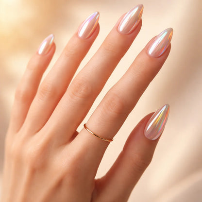 Halo - faux ongles chromatique beige et nude amande long en gel souple | Glow Nails