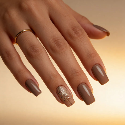 Silent - faux ongles beige et marron carré très long glossy en gel souple | Glow Nails