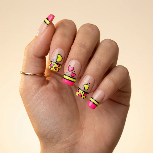 Pop Crush - faux ongles noir et rose carré long glossy en gel souple | Glow Nails