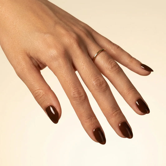 Chokola - faux ongles marron amande extra court glossy en gel souple | Glow Nails