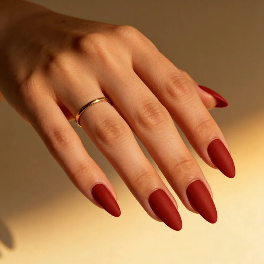 Jetlag - faux ongles rouge amande long mat en gel souple | Glow Nails
