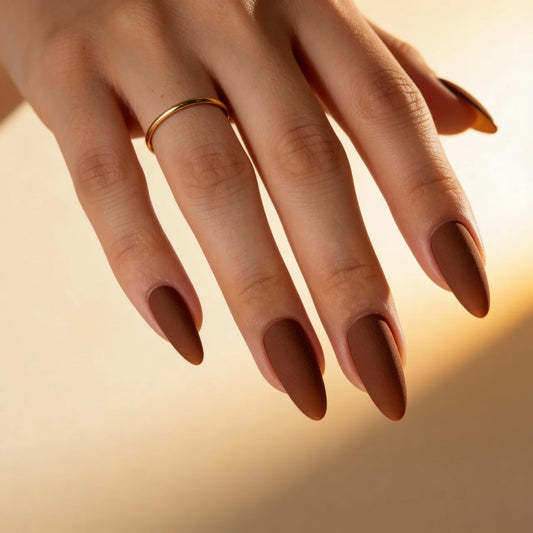 Afterwork - faux ongles marron amande long mat en gel souple | Glow Nails