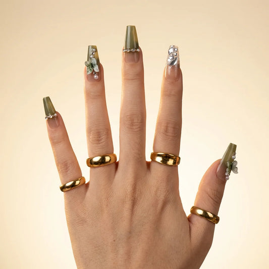 Gabby - faux ongles paillettes vert ballerine long en gel souple | Glow Nails