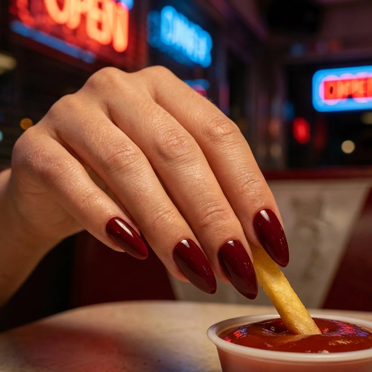 Lola ongle amande rouge - détail finition glossy
