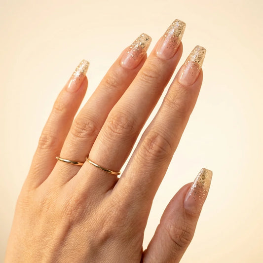 Like A Star - faux ongles paillettes beige et nude ballerine long en gel souple | Glow Nails