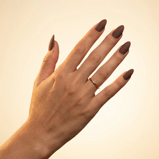 Olvidate - faux ongles marron amande long glossy en gel souple | Glow Nails