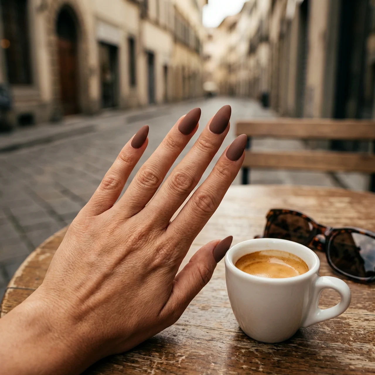 Olvidate ongle amande marron - détail finition glossy