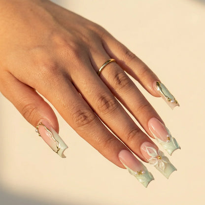 Aloha - faux ongles vert carré très long en gel souple | Glow Nails
