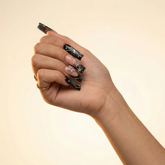 Bella - faux ongles noir carré extra long en gel souple | Glow Nails