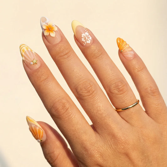 Lemoncello - faux ongles jaune amande long glossy en gel souple | Glow Nails