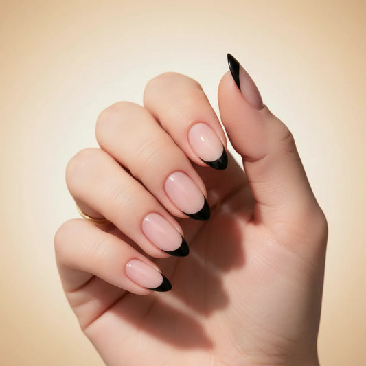 Subtil Black - faux ongles french noir amande long glossy en gel souple | Glow Nails