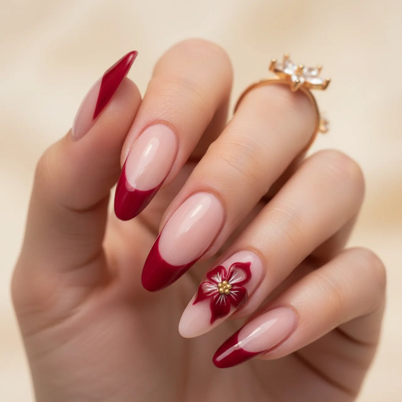 Alpha Red faux ongles amande portés sur main - gel souple réutilisable