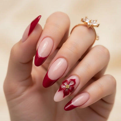 Alpha Red faux ongles amande portés sur main - gel souple réutilisable