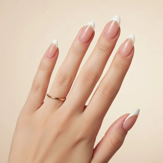 Audacious - faux ongles french blanc amande long glossy en gel souple | Glow Nails