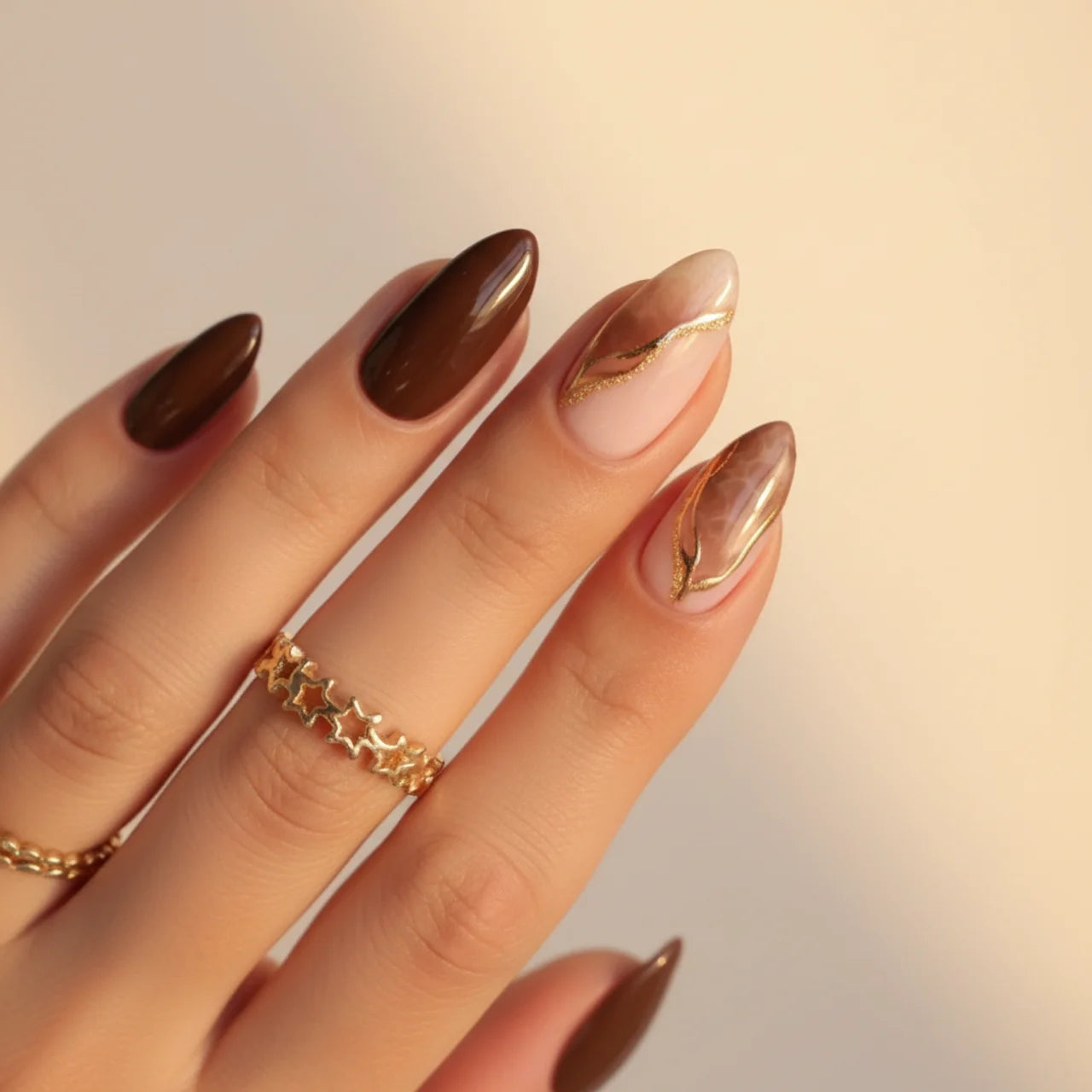 Coffeen - faux ongles marron amande long glossy en gel souple | Glow Nails