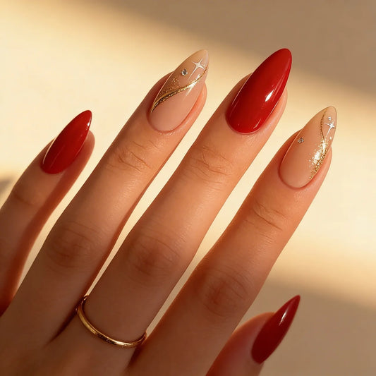 Divine - faux ongles rouge amande long glossy en gel souple | Glow Nails