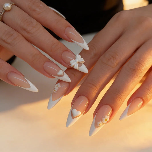 Promise - faux ongles blanc amande long glossy en gel souple | Glow Nails
