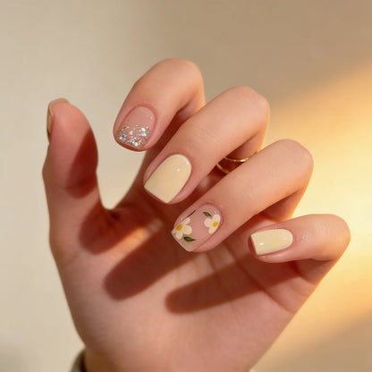 Flor - faux ongles jaune carré extra court glossy en gel souple | Glow Nails