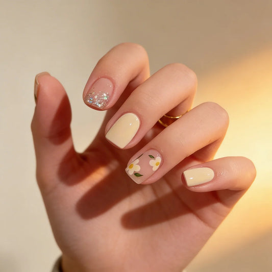 Flor - faux ongles jaune carré extra court glossy en gel souple | Glow Nails