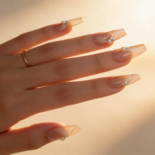 Ivory - faux ongles nude lin et nude ballerine long glossy en gel souple | Glow Nails