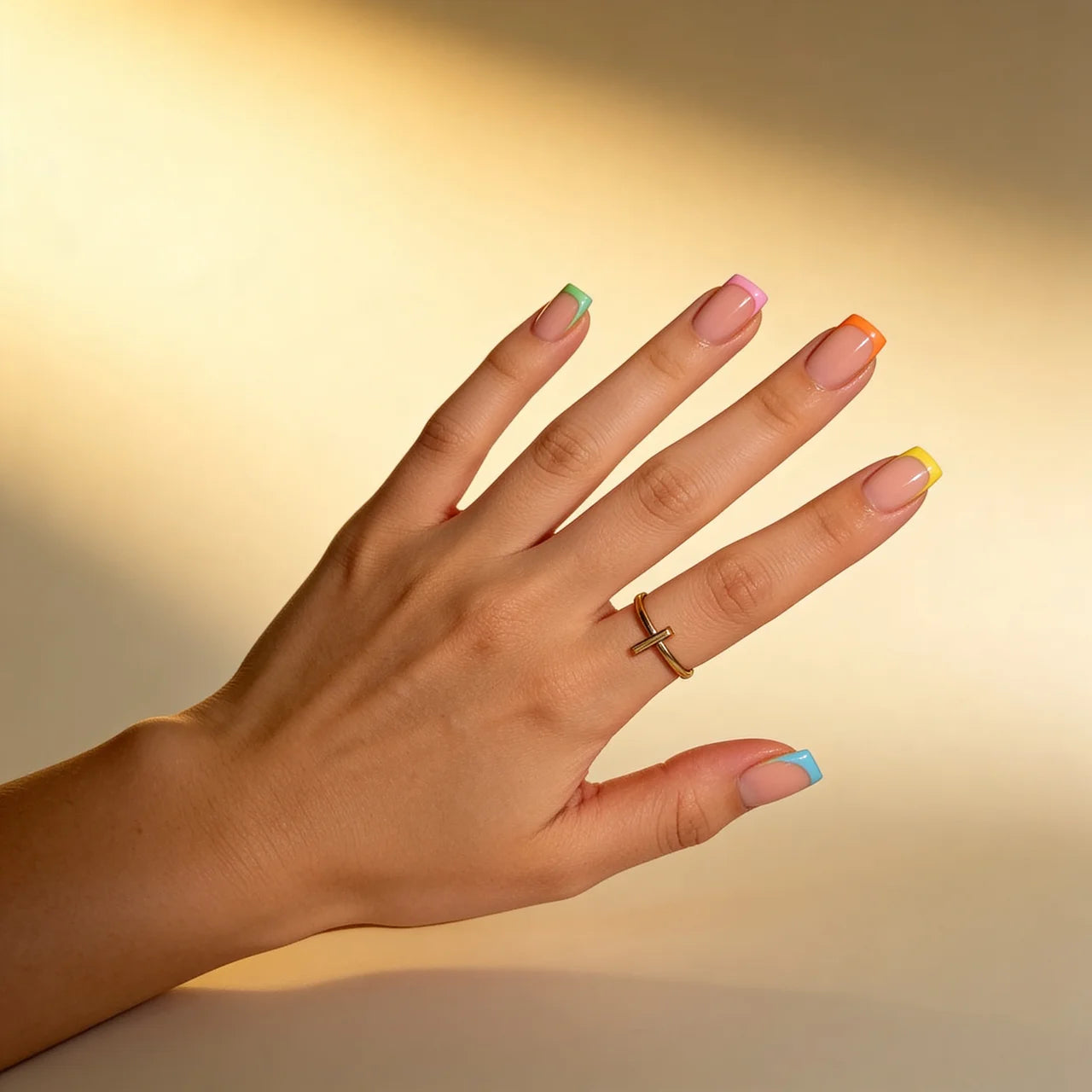 Rainbow faux ongles french carré portés sur main - gel souple réutilisable